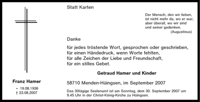  Traueranzeige für Franz Hamer vom 22.09.2007 aus Tageszeitung