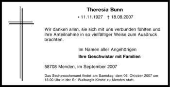 Traueranzeige von Theresia Bunn von Tageszeitung