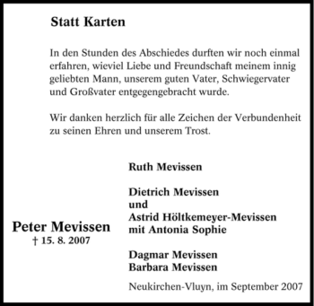 Traueranzeige von Peter Mevissen von Tageszeitung