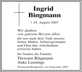 Traueranzeige von Ingrid Bingmann von Tageszeitung