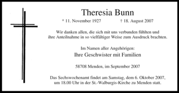 Traueranzeige von Theresia Bunn von Tageszeitung