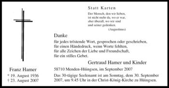 Traueranzeige von Franz Hamer von Tageszeitung