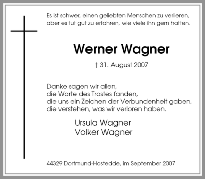  Traueranzeige für Werner Wagner vom 24.09.2007 aus Tageszeitung