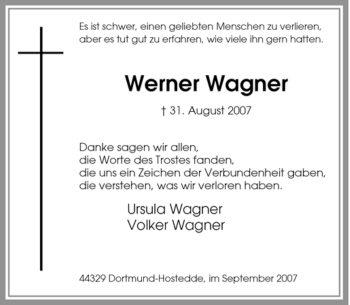 Traueranzeige von Werner Wagner von Tageszeitung