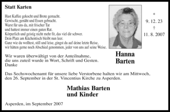 Traueranzeige von Hanna Barten von Tageszeitung