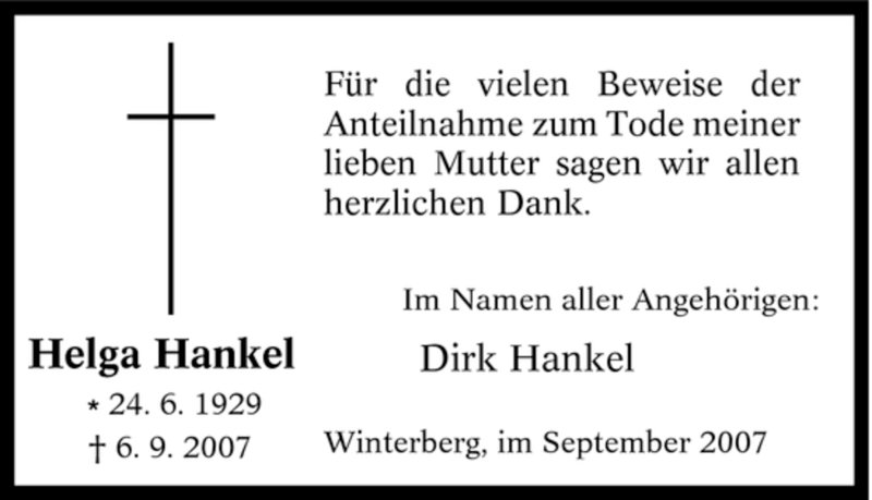  Traueranzeige für Helga Hankel vom 24.09.2007 aus Tageszeitung