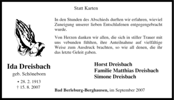 Traueranzeige von Ida Dreisbach von Tageszeitung