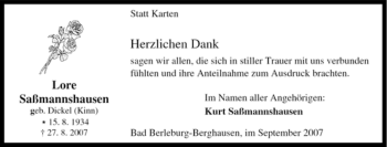 Traueranzeige von Lore Saßmannshausen von Tageszeitung