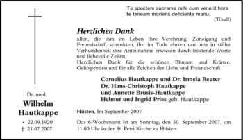 Traueranzeige von Wilhelm Hautkappe von Tageszeitung