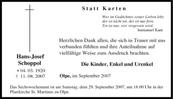 Traueranzeige von Hans-Josef Schoppol von Tageszeitung
