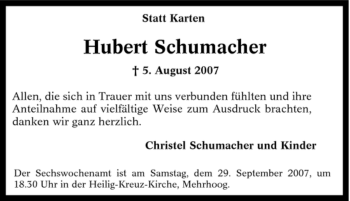 Traueranzeige von Hubert Schumacher von Tageszeitung