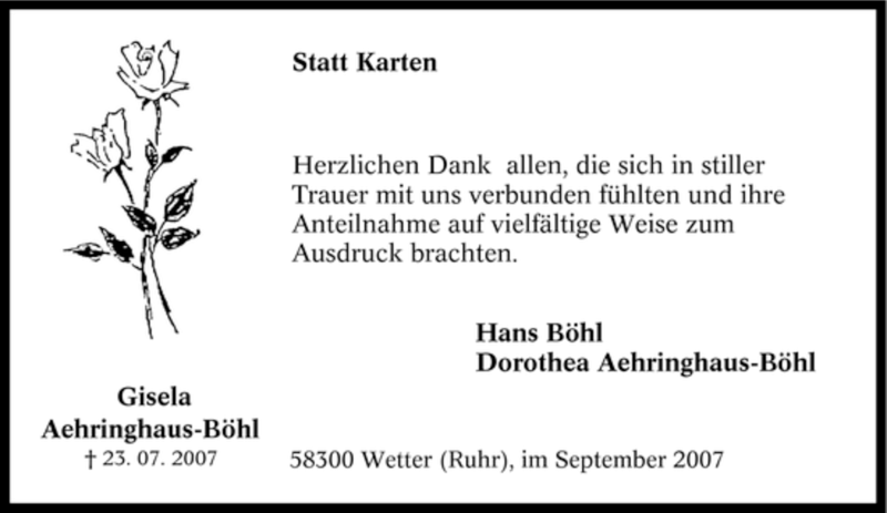  Traueranzeige für Gisela Aehringhaus-Böhl vom 26.09.2007 aus Tageszeitung