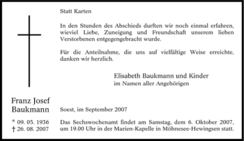 Traueranzeige von Franz Josef Baukmann von Tageszeitung