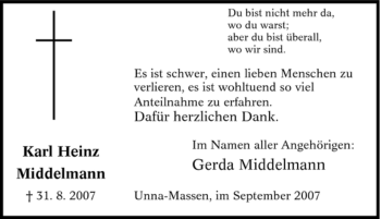 Traueranzeige von Karl Heinz Middelmann von Tageszeitung