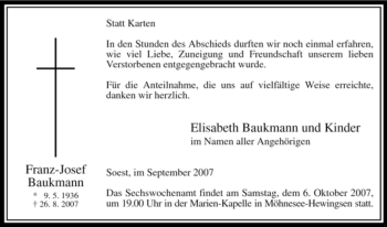 Traueranzeige von Franz Josef Baukmann von Tageszeitung