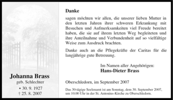 Traueranzeige von Johanna Brass von Tageszeitung