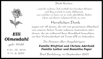 Traueranzeige von Elli Olmesdahl von Tageszeitung