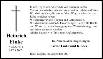 Traueranzeige von Heinrich Finke von Tageszeitung