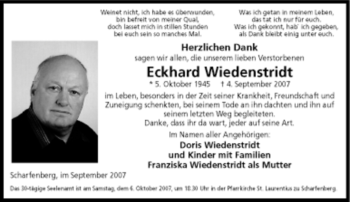 Traueranzeige von Eckhard Wiedenstridt von Tageszeitung