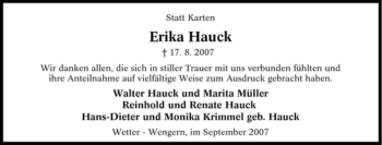 Traueranzeige von Erika Hauck von Tageszeitung