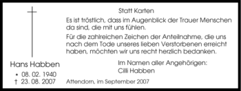 Traueranzeige von Hans Habben von Tageszeitung