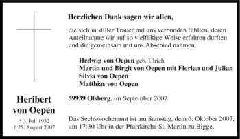 Traueranzeige von Heribert von Oepen von Tageszeitung