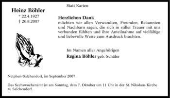 Traueranzeige von Heinz Böhler von Tageszeitung
