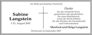 Traueranzeige von Sabine Langstein von Tageszeitung
