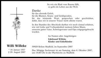 Traueranzeige von Willi Willeke von Tageszeitung