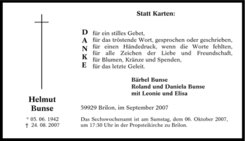 Traueranzeige von Helmut Bunse von Tageszeitung