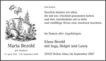 Traueranzeige von Maria Bezold von Tageszeitung