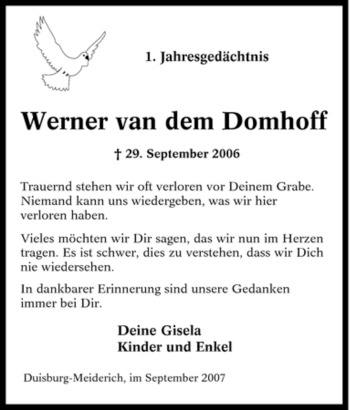 Traueranzeige von Werner van dem Domhoff von Tageszeitung