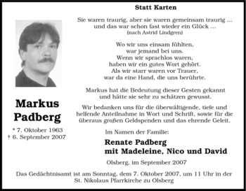 Traueranzeige von Markus Padberg von Tageszeitung