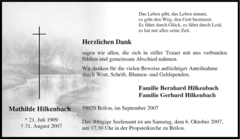 Traueranzeige von Mathilde Hilkenbach von Tageszeitung