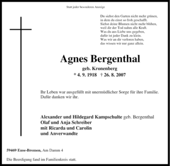 Traueranzeige von Agnes Bergenthal von Tageszeitung