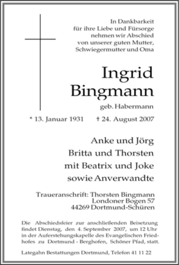 Traueranzeige von Ingrid Bingmann von Tageszeitung