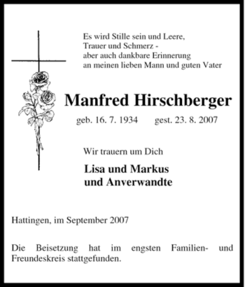 Traueranzeige von Manfred Hirschberger von Tageszeitung