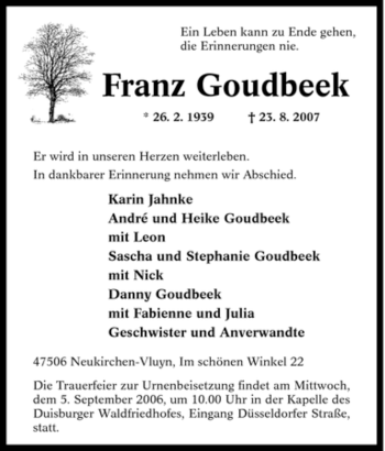 Traueranzeige von Franz Goudbeek von Tageszeitung