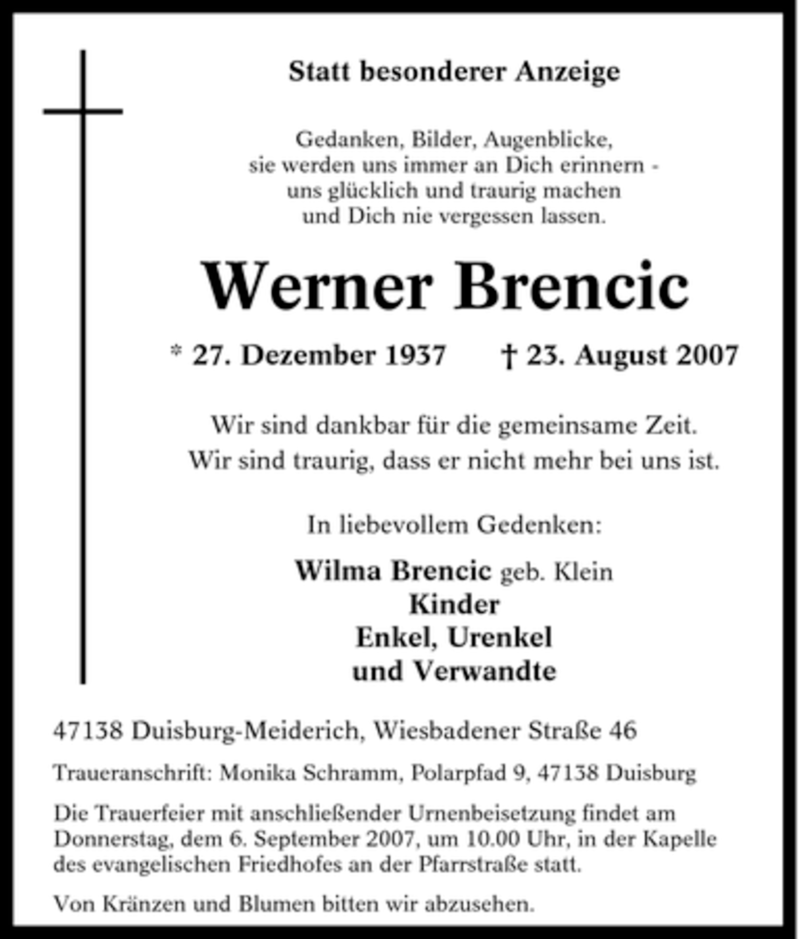 Traueranzeige für Werner Brencic vom 01.09.2007 aus Tageszeitung