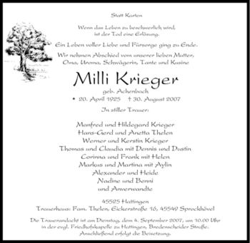 Traueranzeige von Milli Krieger von Tageszeitung