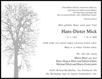 Traueranzeige von Hans-Dieter Mick von Tageszeitung