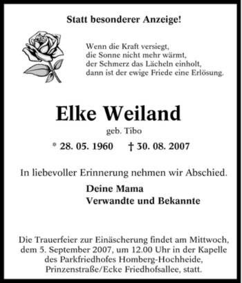 Traueranzeige von Elke Weiland von Tageszeitung