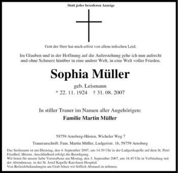 Traueranzeige von Sophia Müller von Tageszeitung