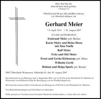 Traueranzeige von Gerhard Meier von Tageszeitung