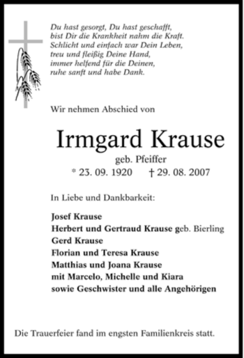 Traueranzeige von Irmgard Krause von Tageszeitung