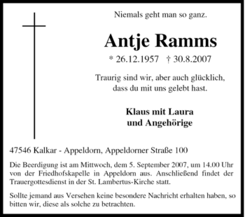 Traueranzeige von Antje Ramms von Tageszeitung