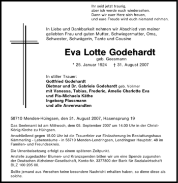 Traueranzeige von Eva Lotte Godehardt von Tageszeitung