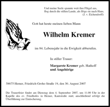 Traueranzeige von Wilhelm Kremer von Tageszeitung
