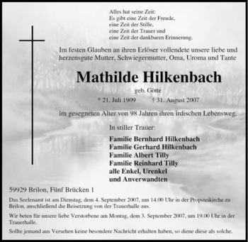 Traueranzeige von Mathilde Hilkenbach von Tageszeitung