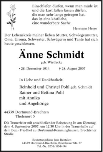 Traueranzeige von Änne Schmidt von Tageszeitung
